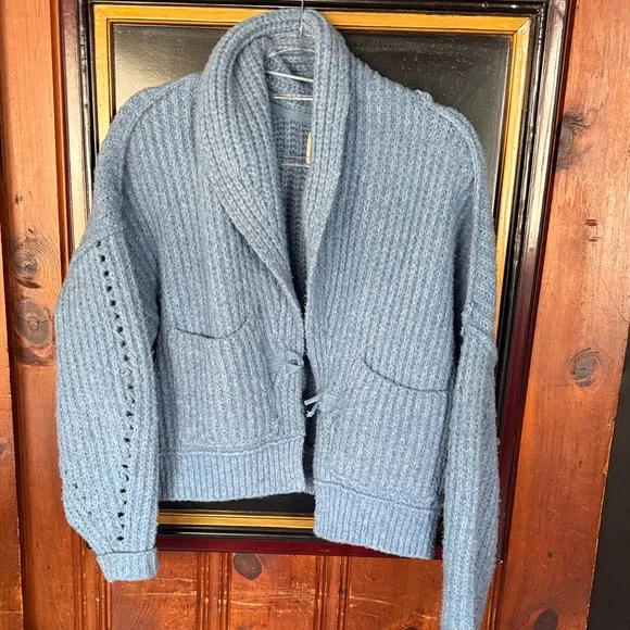We The Free Chunky Shawl Collar Cardigan - Dusty Blue - Picture 2 of 5